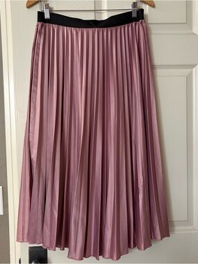WDNY Pleated Rose Pink Satin Midi Skirt Size Large Elastic Waist Formal Modest